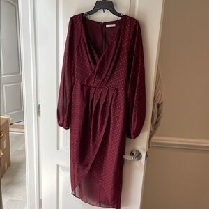 Woven V-Neck Burgundy Polka Dot Wrap Dress
